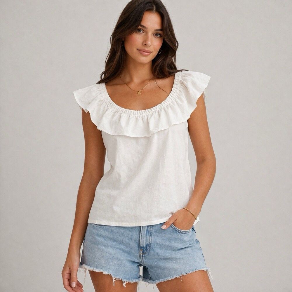 Allison Taylor Women’s White Sleeveless Ruffle Top Basic Minimalist Summer Large
